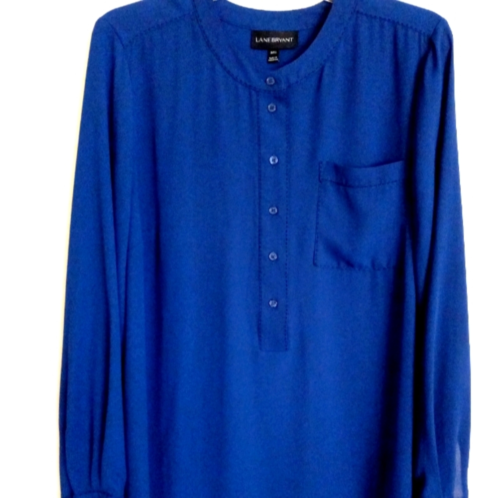 Lane Bryant 14-16 long sleeve sheer 1/2 button down blouse. Navy round n…